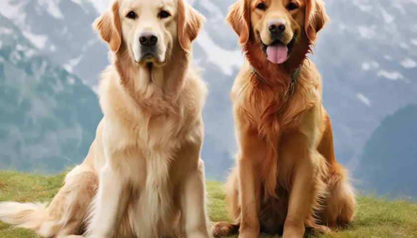 Dwa urocze golden retrievery amerykańskie siedzą na trawie, zapatrzone w dal.