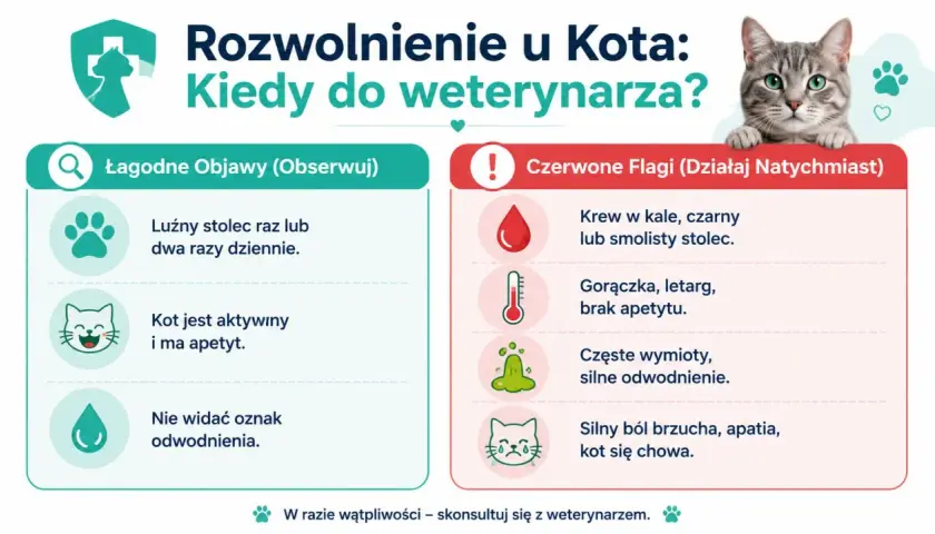 Rozwolnienie u kota: łagodne objawy (luźny stolec, kot aktywny) i czerwone flagi (krew, gorączka, wymioty), kiedy do weterynarza.
