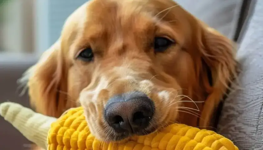 Złoty retriever z zabawką w kształcie kolby kukurydzy. Czy pies może jeść kukurydzę? To pytanie nurtuje wielu właścicieli.