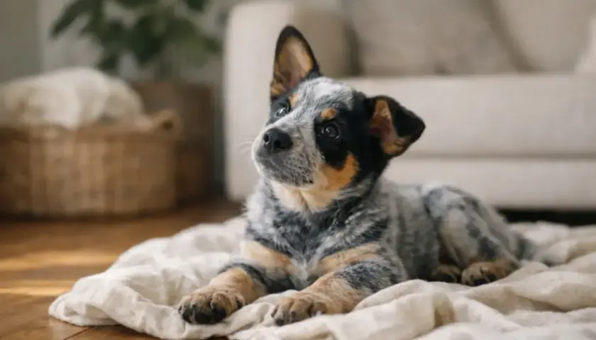 Uroczy szczeniak australian cattle dog, którego cena może być zaskoczeniem, leży na kocu.