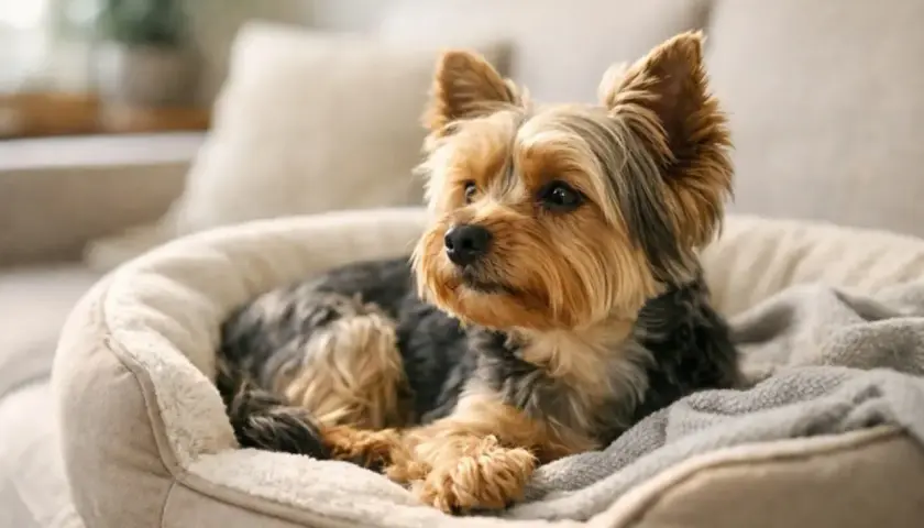 Uroczy yorkshire terrier w swoim legowisku. Zastanawiasz się, ile kosztuje york?