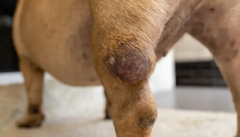 Widoczny guz na łapie psa, prawdopodobnie mastocytoma. Zmiana skórna jest okrągła, z zaczerwienioną i lekko łuszczącą się powierzchnią.