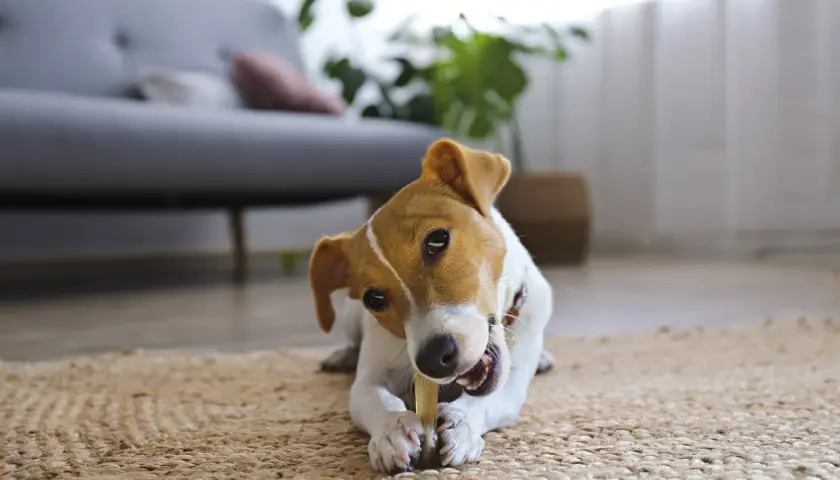 Uroczy piesek Jack Russell Terrier gryzie przysmak, pokazując swoje zęby. Ciekawe, ile pies ma zębów, gdy tak się bawi!