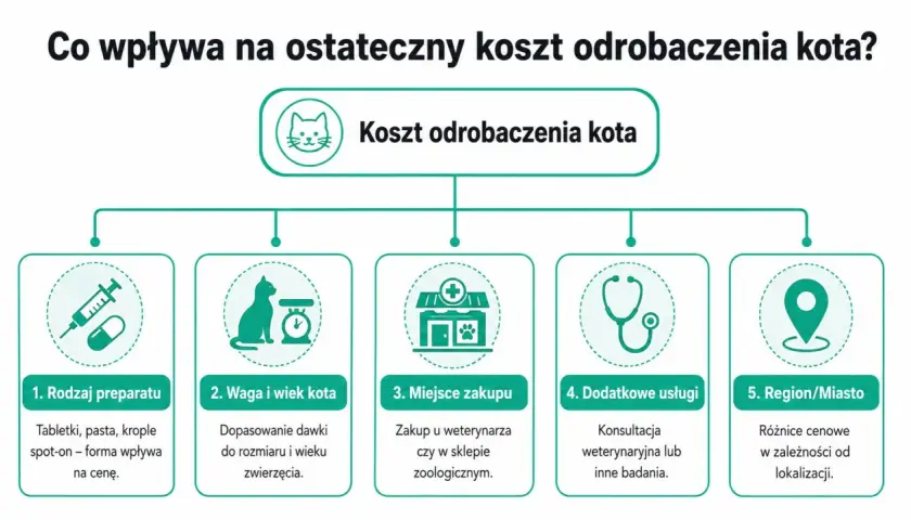 Co wpływa na ostateczny koszt odrobaczenia kota? Rodzaj preparatu, waga i wiek zwierzęcia, miejsce zakupu, dodatkowe usługi i region.