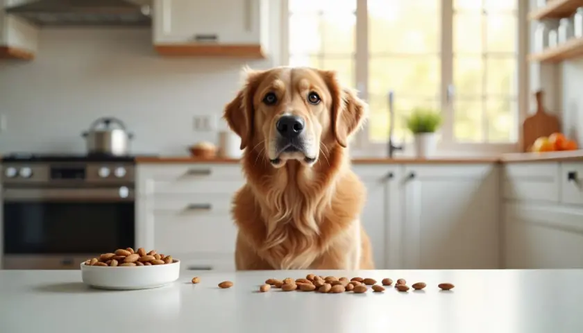 Złoty retriever siedzi przy stole w kuchni, patrząc na miskę migdałów. Czy pies może jeść migdały?