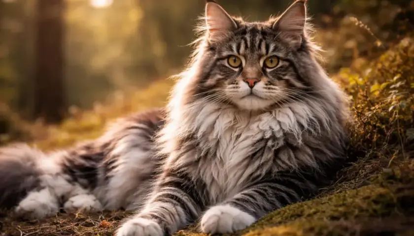 Majestatyczny kot rasy Maine Coon, z puszystą grzywą i pręgowanym futrem, odpoczywa w jesiennym lesie.