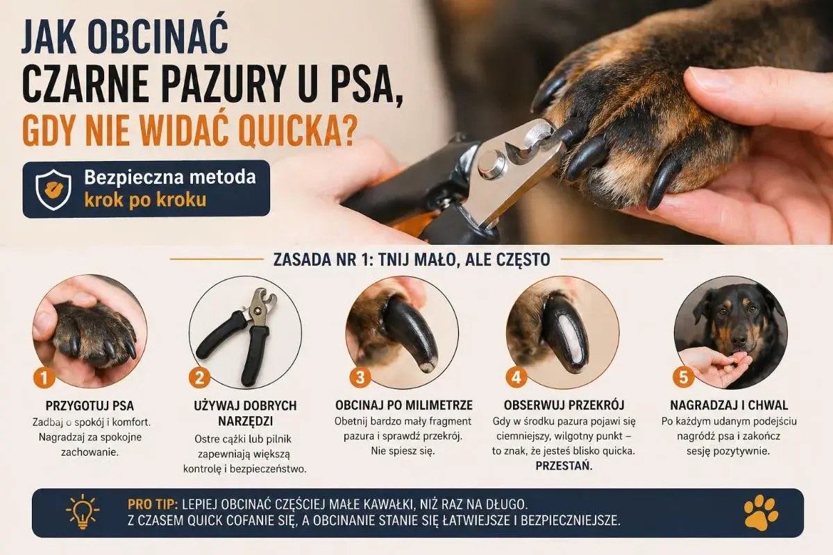 Jak obciąć psu pazury czarne, gdy nie widać quicka? Poradnik krok po kroku: przygotuj psa, używaj dobrych narzędzi, obcinaj po milimetrze, obserwuj przekrój i nagradzaj.