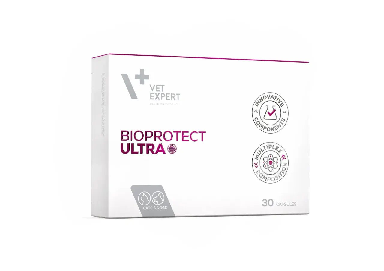 Opakowanie suplementu BIOPROTECT ULTRA dla kotów i psów, 30 kapsułek, z innowacyjnym składem.