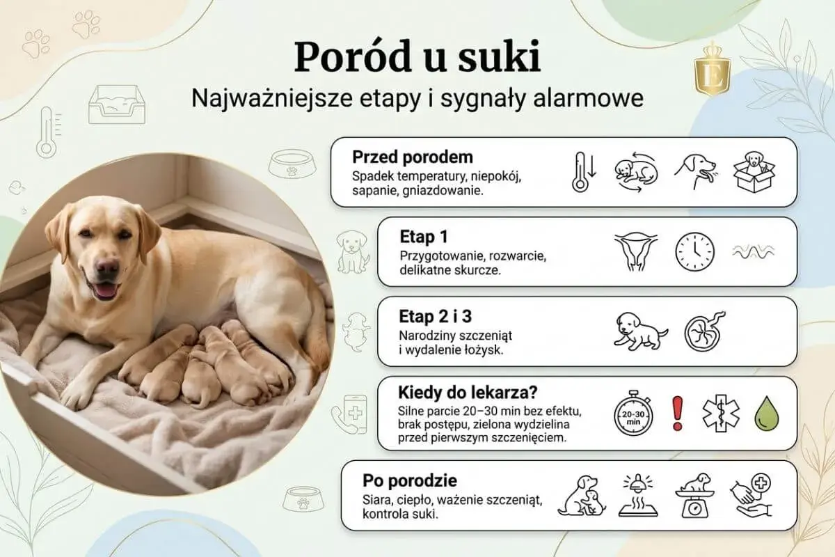 Szczęśliwa suczka labrador z gromadką nowo narodzonych szczeniąt. Obrazek ilustruje etapy porodu psa i sygnały alarmowe.