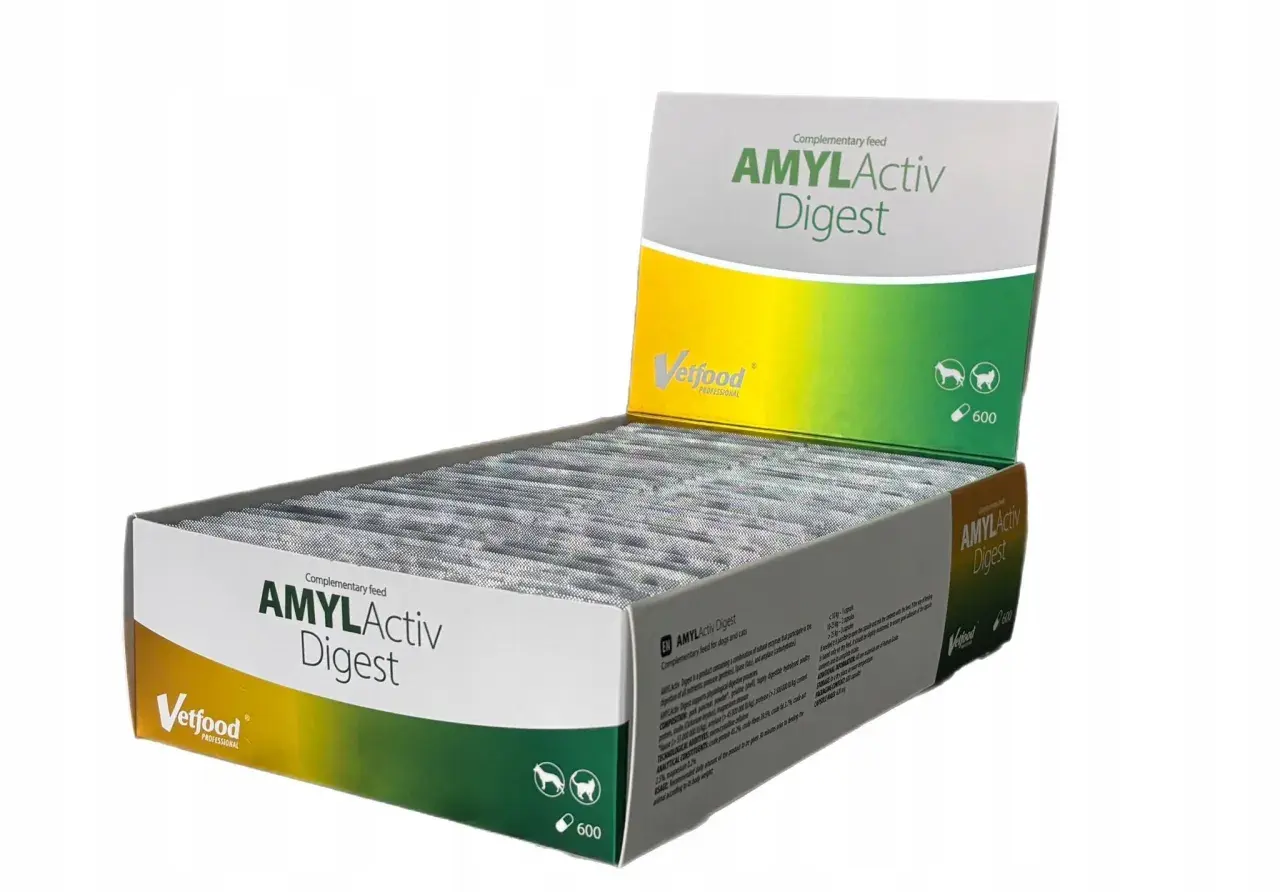 Opakowanie preparatu AMYLActiv Digest dla zwierząt, zawierające 600 kapsułek. Wspiera trawienie.