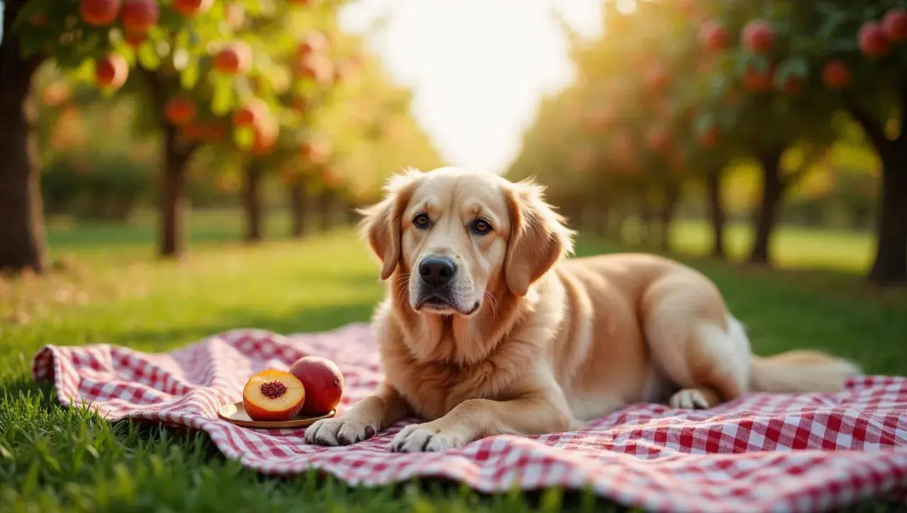 Złoty retriever leży na piknikowym kocu w sadzie brzoskwiniowym, obok talerzyka z połówką nektarynki. Czy pies może nektarynkę?