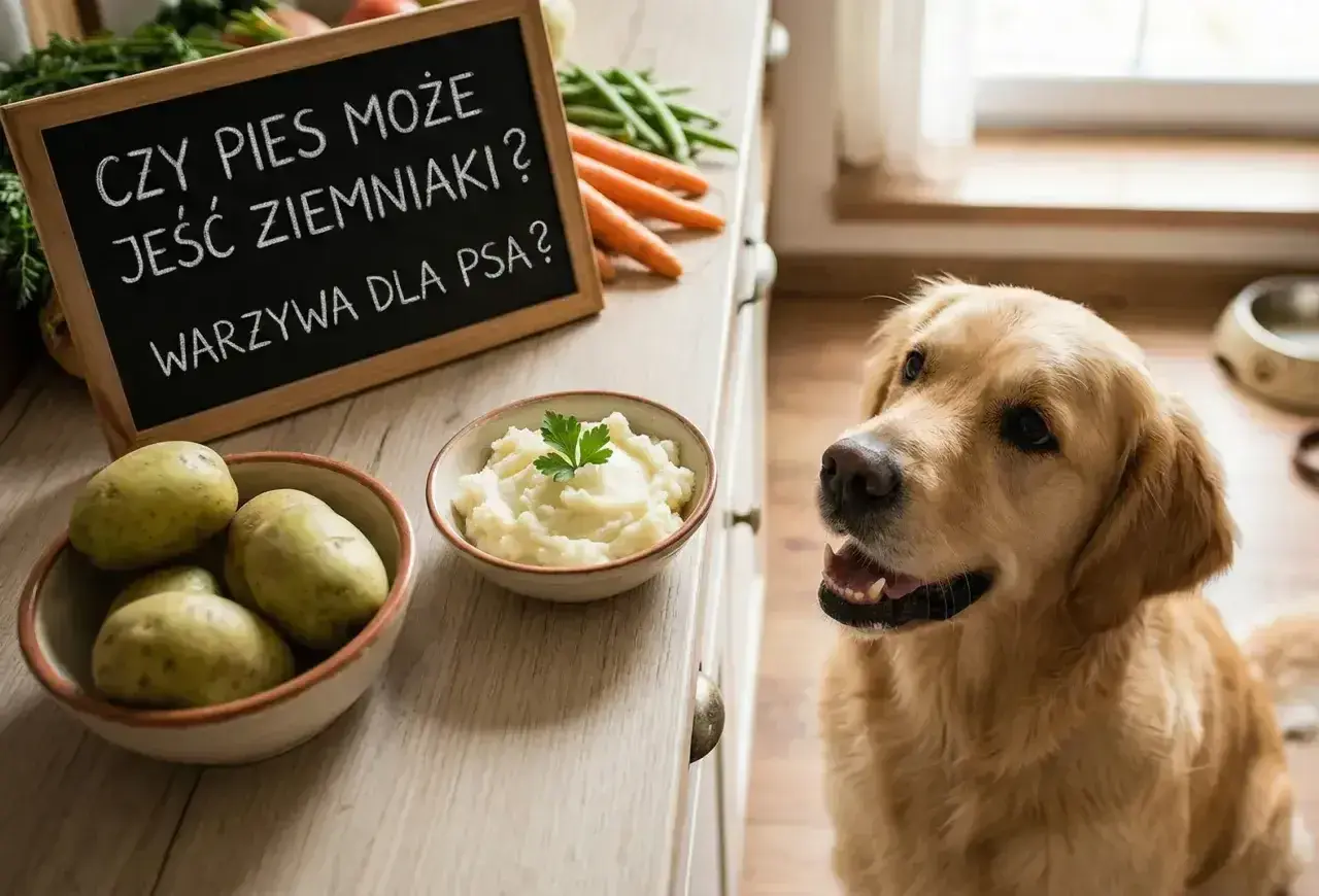 Złoty retriever z zaciekawieniem patrzy na miseczkę z puree ziemniaczanym i surowe ziemniaki. Tabliczka pyta: "Czy pies może jeść ziemniaki?".