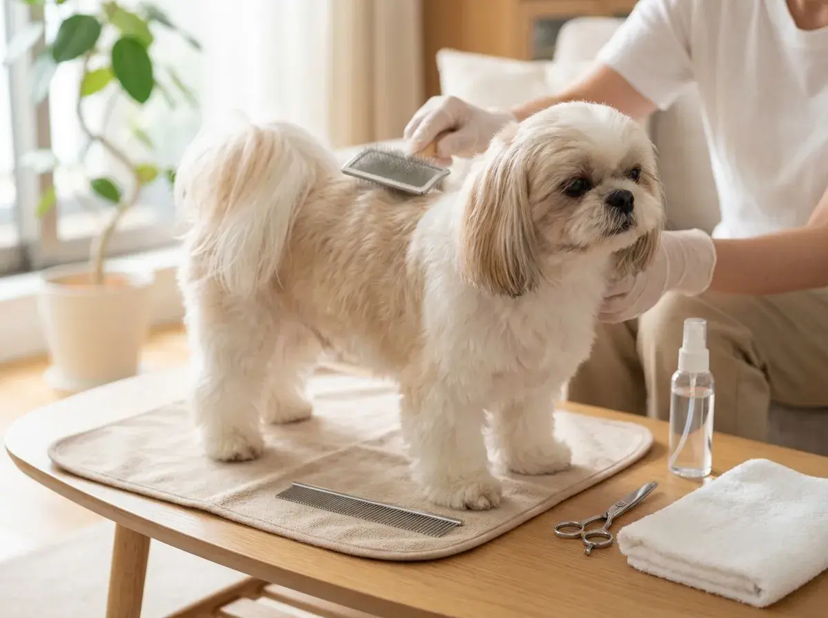 Dorosły shih tzu jest szczotkowany. Obok leżą nożyczki, grzebień i ręcznik.