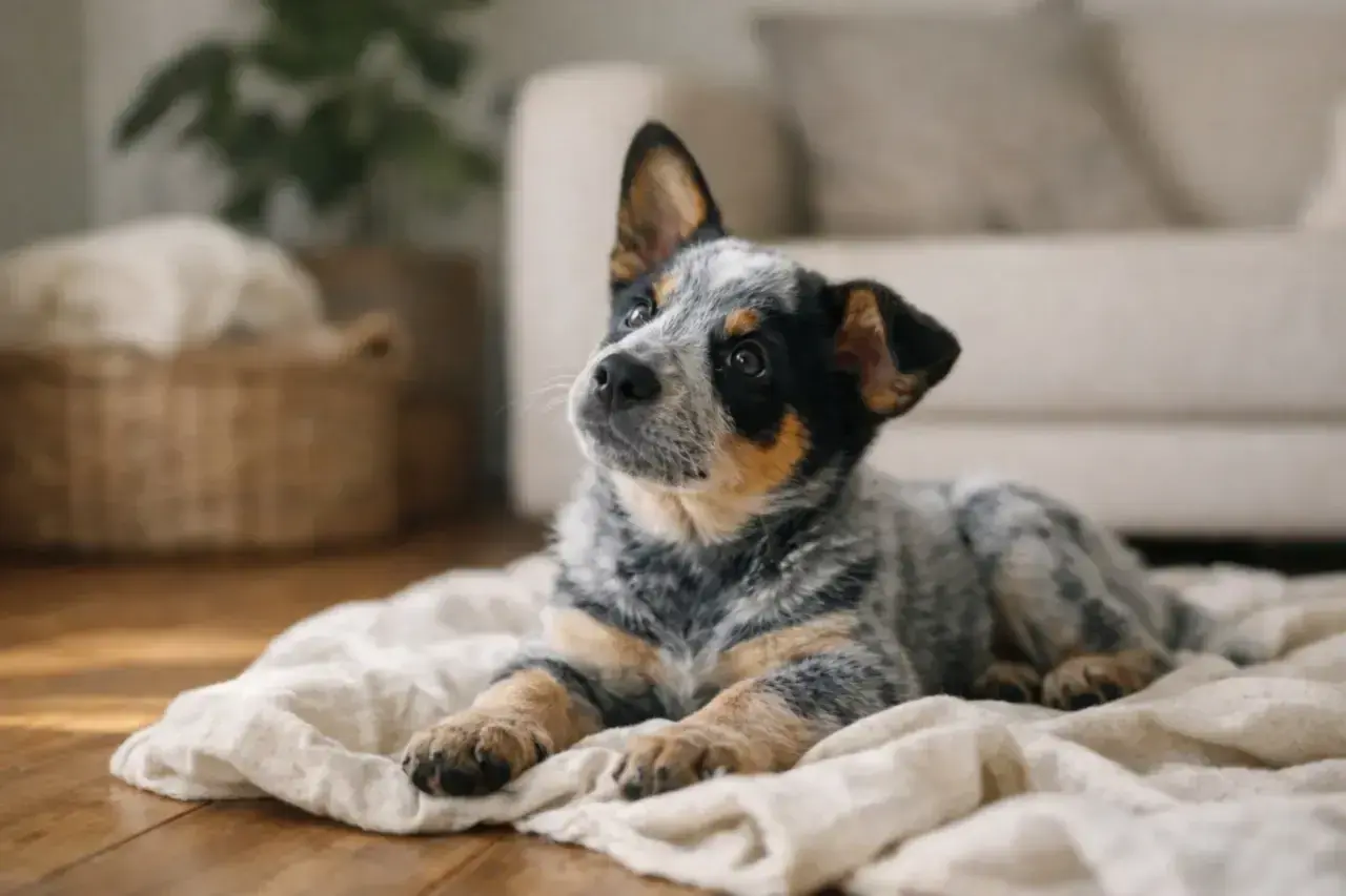 Uroczy szczeniak australian cattle dog, którego cena może być zaskoczeniem, leży na kocu.