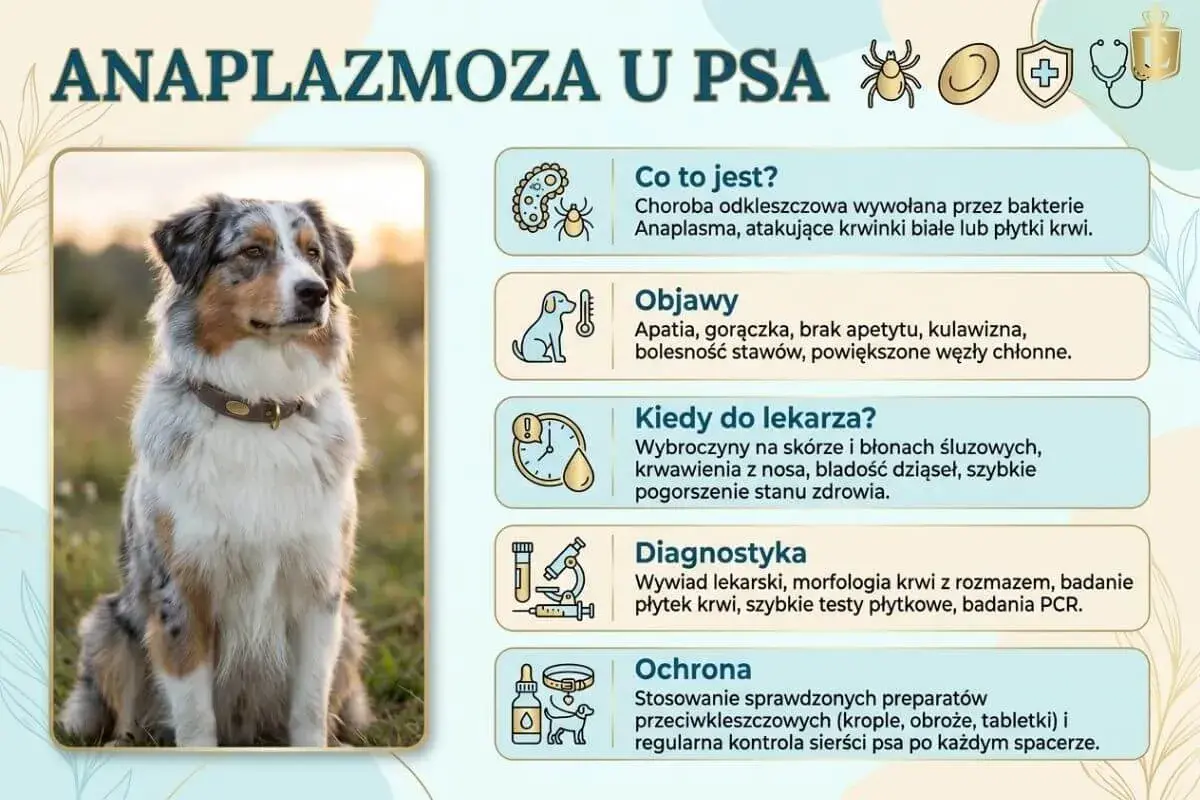 Anaplazmoza u psa: objawy, diagnostyka i ochrona. Zdjęcie przedstawia psa rasy Australian Shepherd, obok którego znajdują się informacje o chorobie.