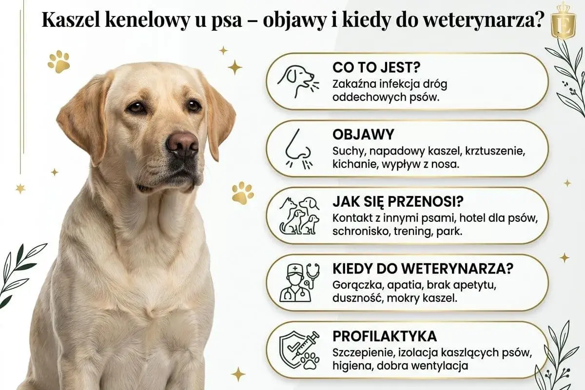 Labrador z objawami kaszlu kenelowego u psa: suchy kaszel, kichanie, gorączka. Informacje o przyczynach, objawach i profilaktyce.