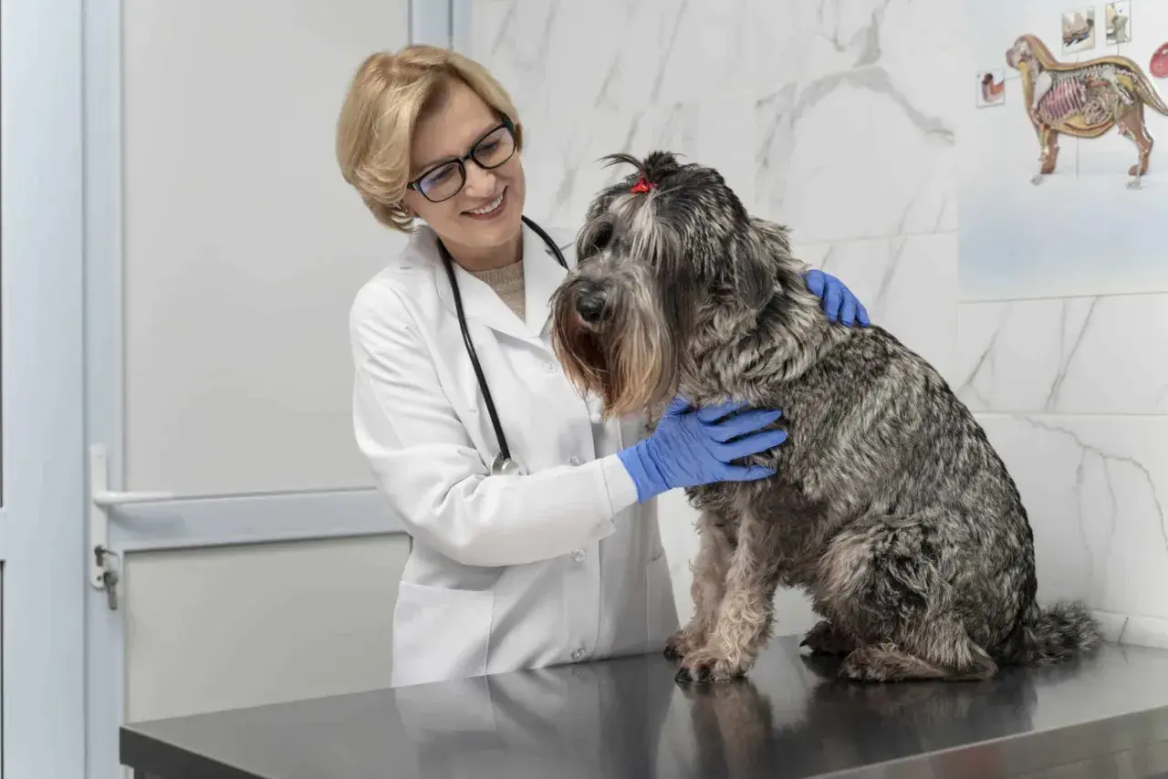 Weterynarz w białym fartuchu i niebieskich rękawiczkach delikatnie głaszcze dużą, kudłatą sukę. Przygotowania do sterylizacji suki przebiegają spokojnie.