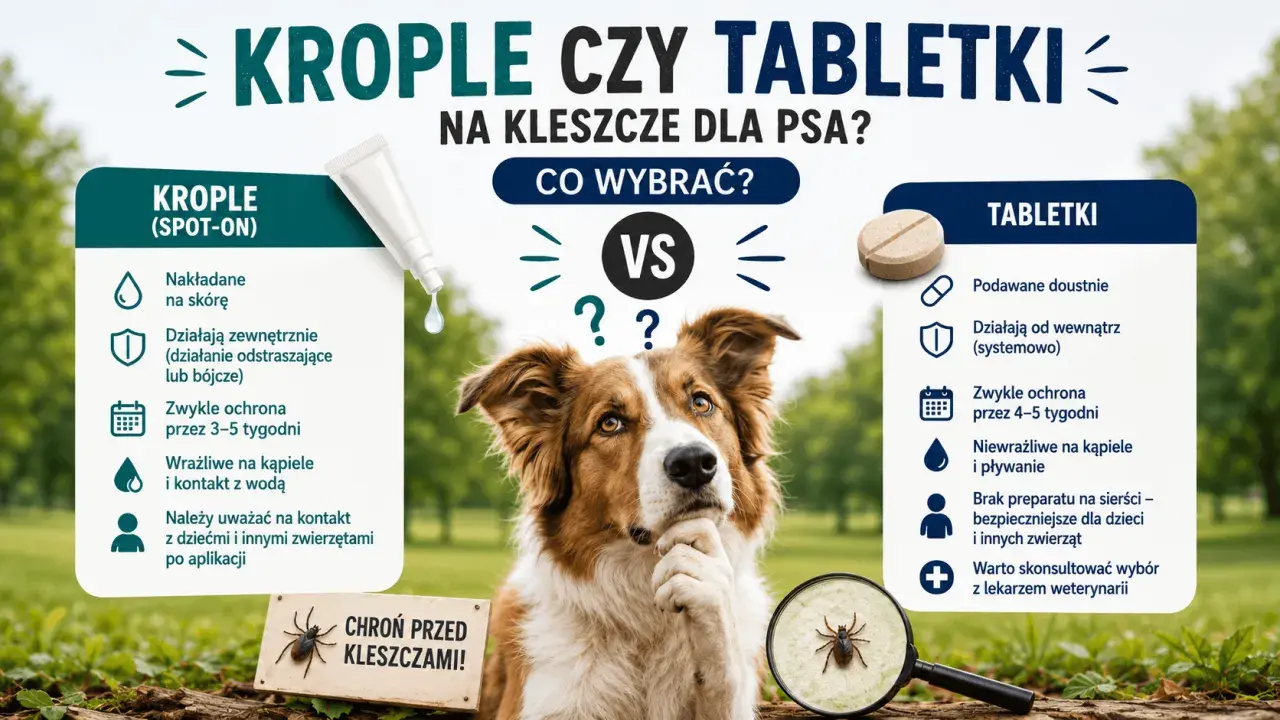 Co najlepsze na kleszcze dla psa? Porównanie kropli i tabletek. Piesek zastanawia się nad wyborem ochrony.