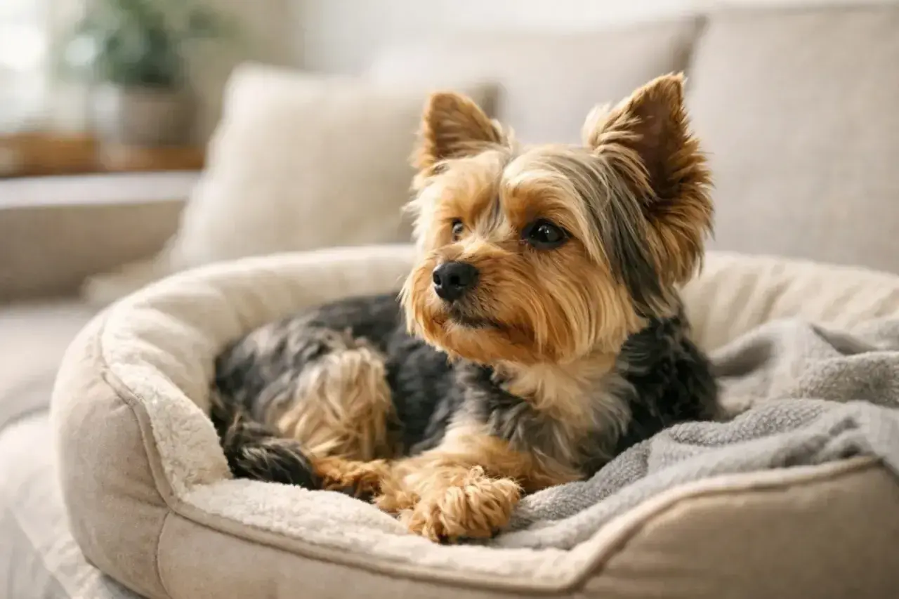 Uroczy yorkshire terrier w swoim legowisku. Zastanawiasz się, ile kosztuje york?