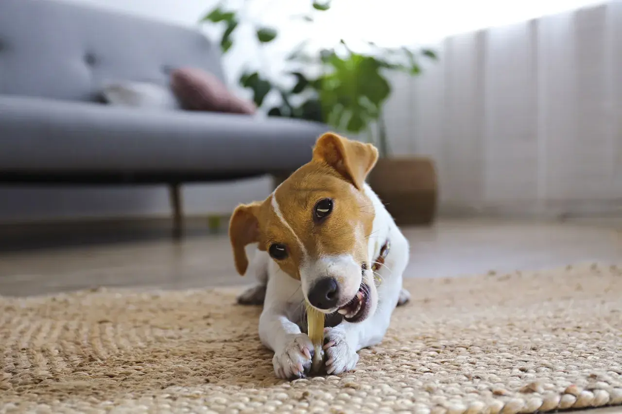 Uroczy piesek Jack Russell Terrier gryzie przysmak, pokazując swoje zęby. Ciekawe, ile pies ma zębów, gdy tak się bawi!