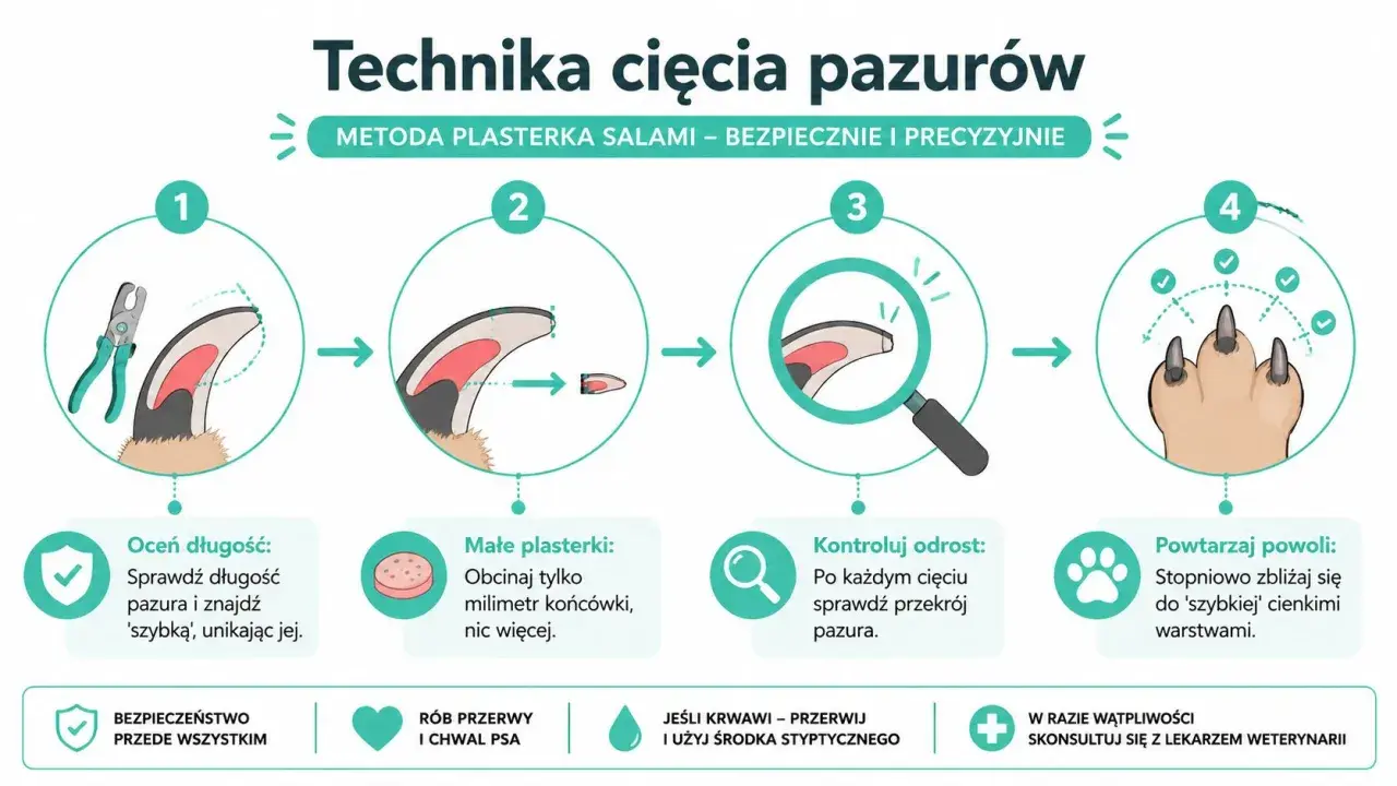 Ilustracja pokazuje, jak obciąć psu pazury metodą "plasterka salami": oceń długość, obcinaj małe fragmenty, kontroluj odrost i powtarzaj.