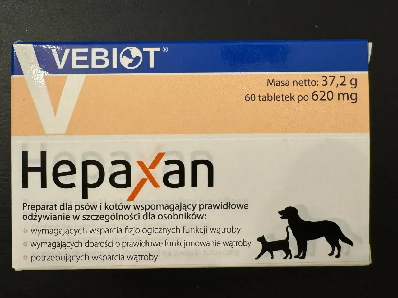 Opakowanie preparatu Hepaxan dla psów i kotów, wspierające wątrobę. Zawiera 60 tabletek.