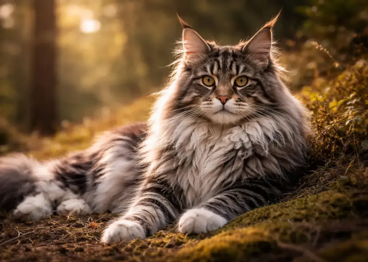 Majestatyczny kot rasy Maine Coon, z puszystą grzywą i pręgowanym futrem, odpoczywa w jesiennym lesie.