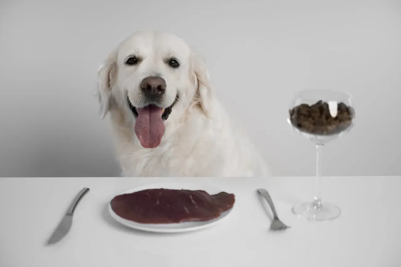 Uśmiechnięty golden retriever czeka na posiłek. Na stole talerz z surowym mięsem i kieliszek z karmą, symbolizujące wybór między dietą barf dla psa a tradycyjnym żywieniem.