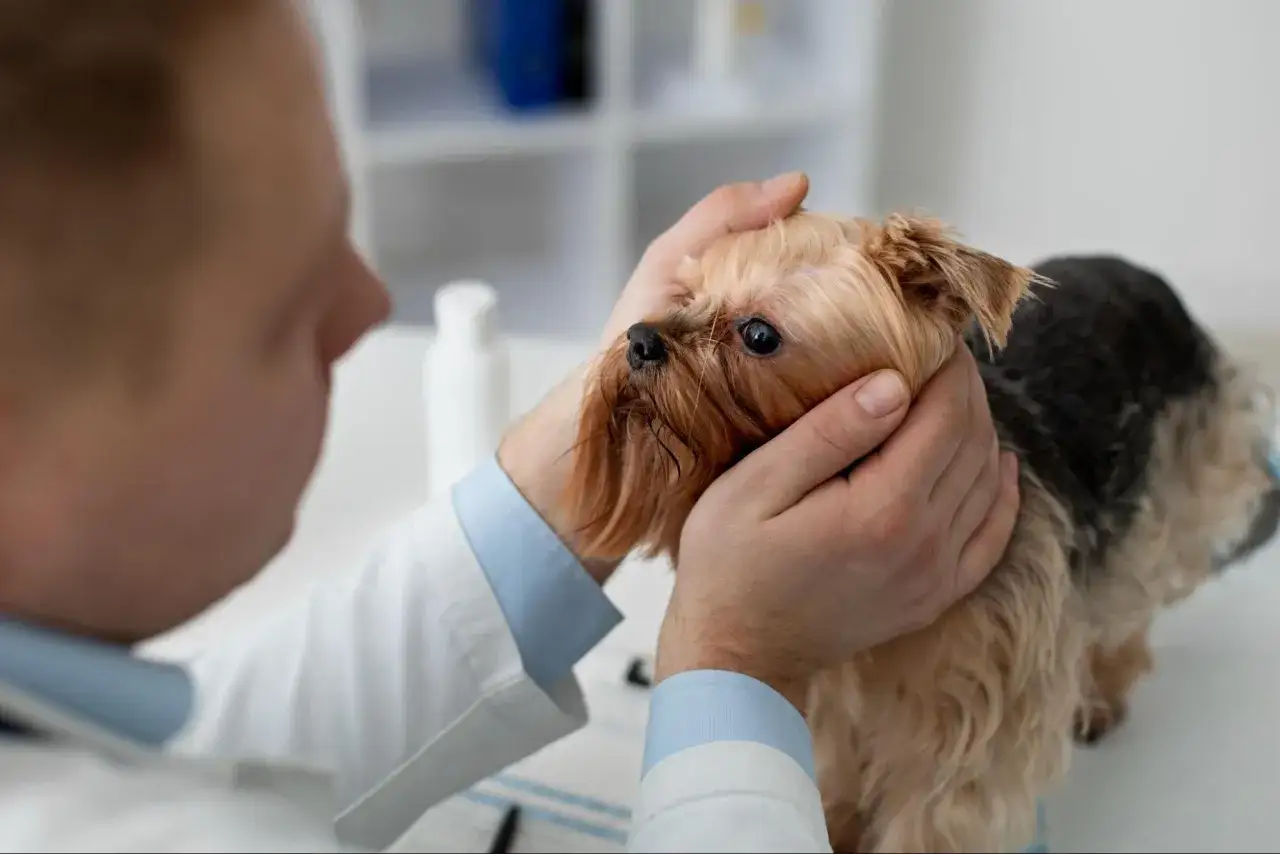 Wet nose and sad eyes of a Yorkshire Terrier being examined by a vet. The dog might have a katar u psa.