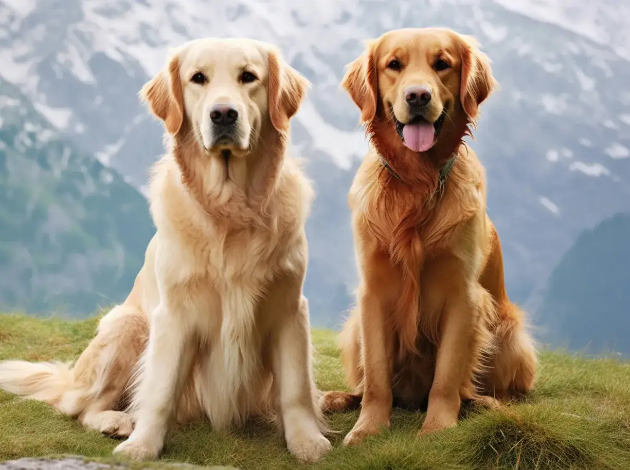 Dwa urocze golden retrievery amerykańskie siedzą na trawie, w tle góry.