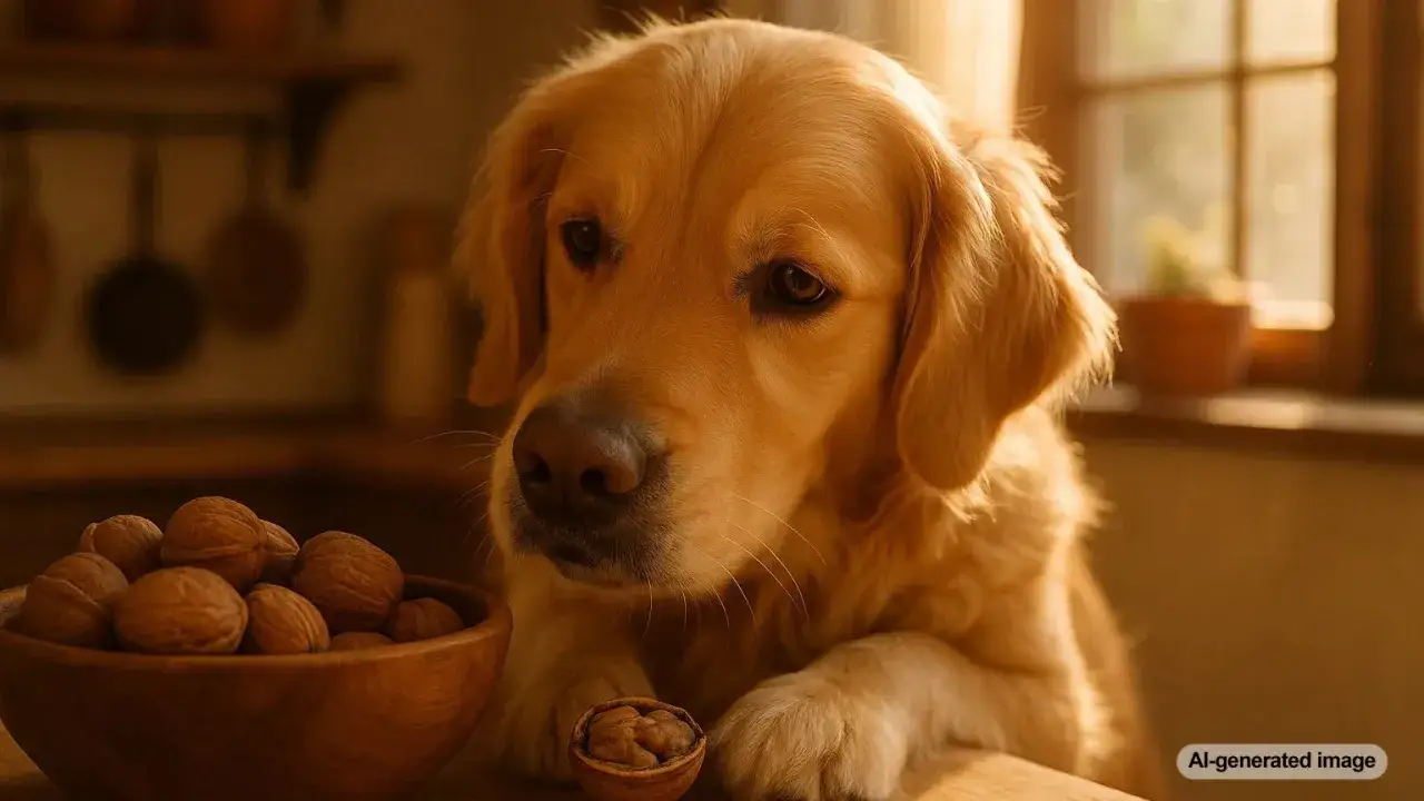 Złoty retriever z zaciekawieniem patrzy na miskę orzechów włoskich. Czy pies może jeść orzechy włoskie?