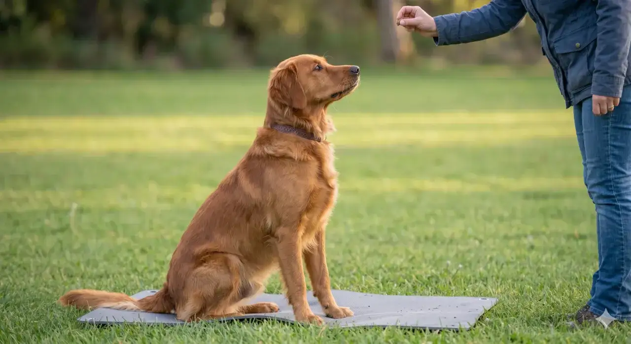 Golden retriever siedzi na macie, czekając na smakołyk. Trening komendy dla psa w parku.