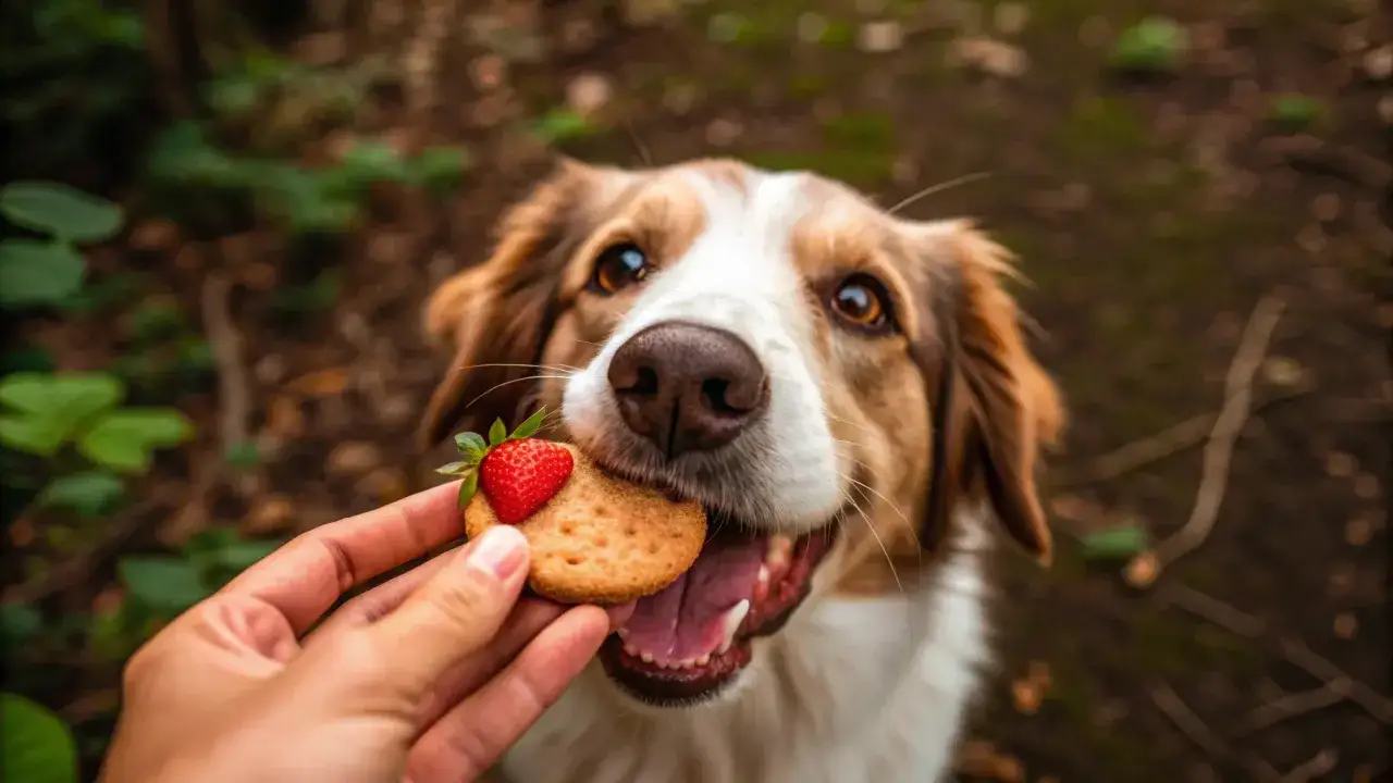 Czy pies może jeść truskawki? Ten piesek z pewnością tak! Z radością chwyta smakołyk z owocem.