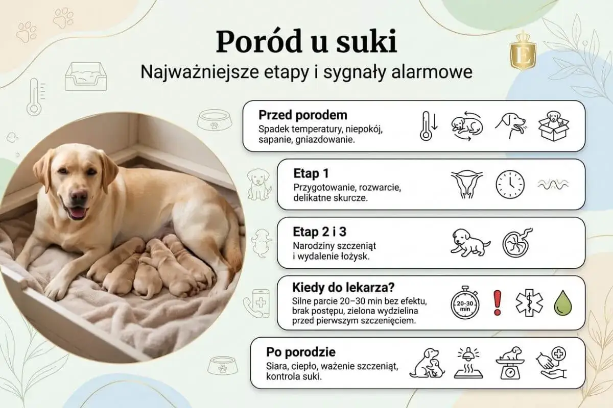 Szczęśliwa suczka labrador z gromadką nowo narodzonych szczeniąt. Obrazek ilustruje etapy porodu psa i sygnały alarmowe.