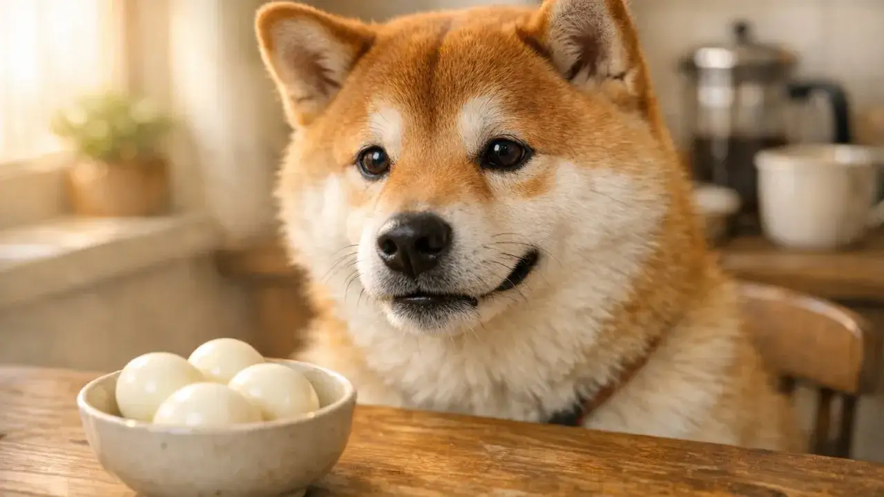 Shiba Inu z zaciekawieniem patrzy na miseczkę z jajkami. Czy pies może jeść jajko? To pytanie nurtuje wielu właścicieli.
