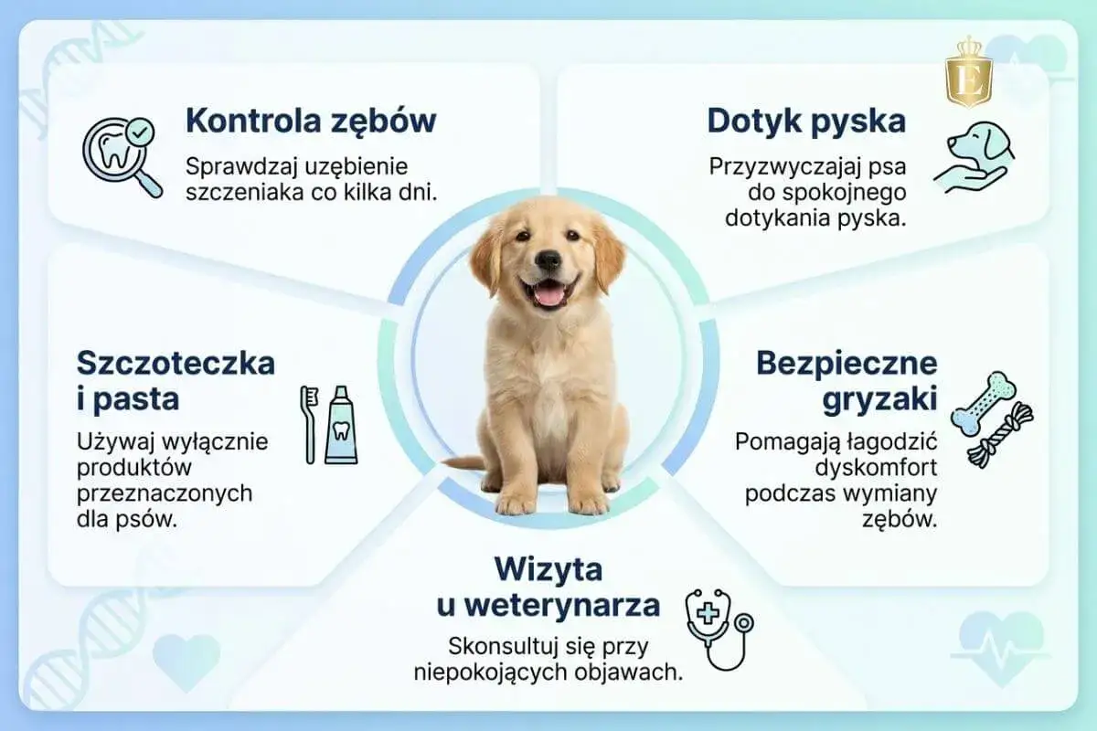 Szczeniak golden retrievera. Czy psy mają mleczaki? Informacje o higienie jamy ustnej psa: kontrola zębów, szczoteczka i pasta, dotyk pyska, bezpieczne gryzaki, wizyta u weterynarza.