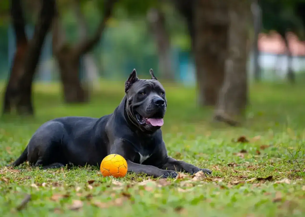 Potężny cane corso z człowiekiem odpoczywa na trawie obok pomarańczowej piłki.