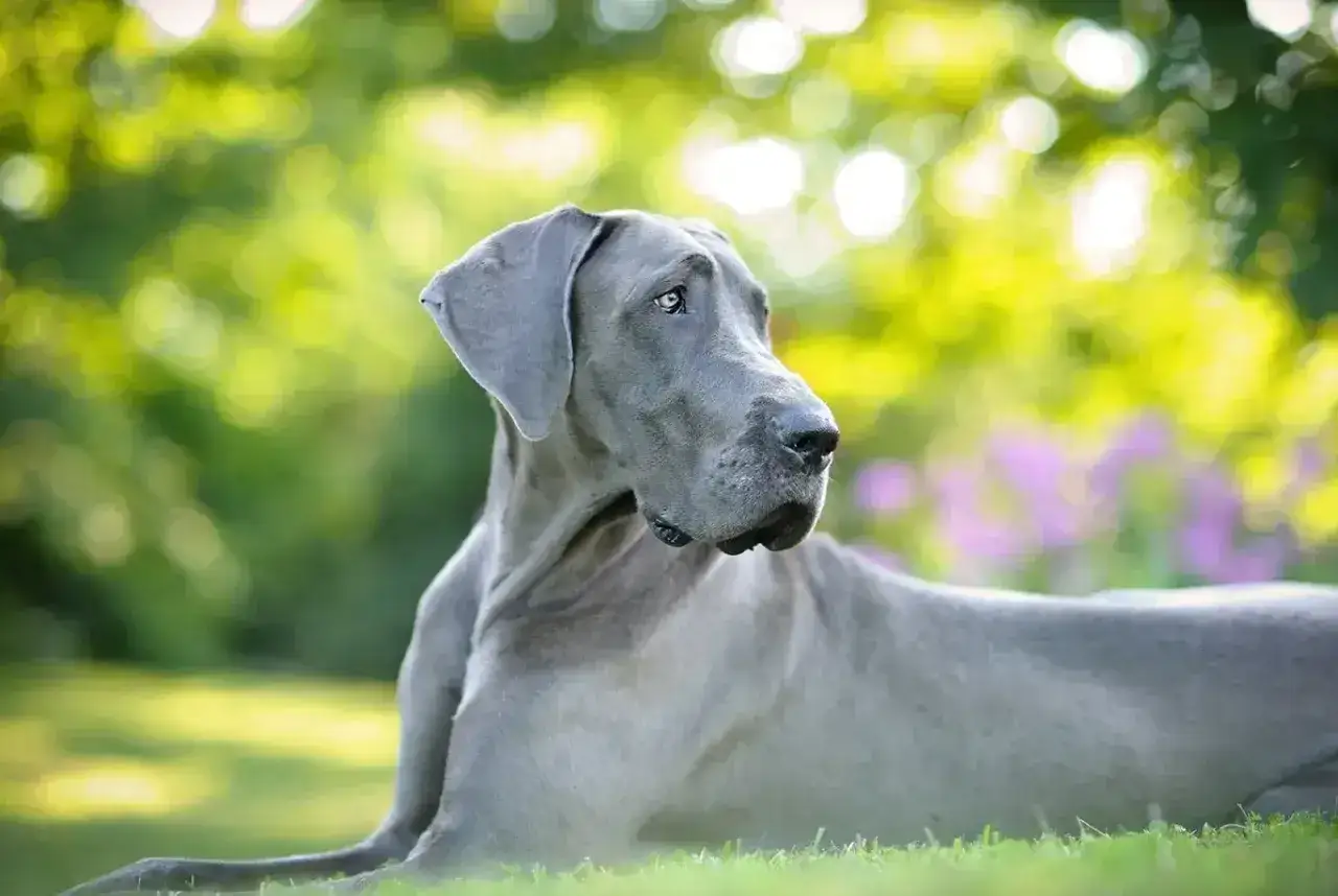 Piękny dog niemiecki, jego waga imponuje, leży na trawie w otoczeniu zieleni i kwiatów.