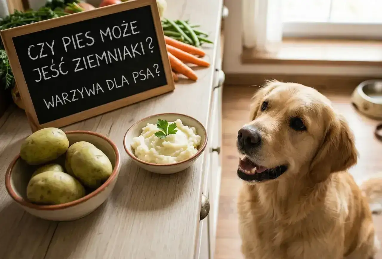 Złoty retriever z zaciekawieniem patrzy na miseczkę z puree ziemniaczanym. Tabliczka pyta: